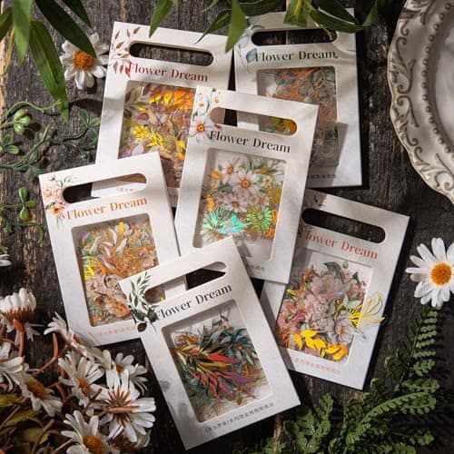 Dizdkizd Holographic Flower and Leaf Sticker Set 240 Foil Gold Botanical Scrapbook Sticker Small Transparent Floral Decals for Journal Planner Photo Album Card