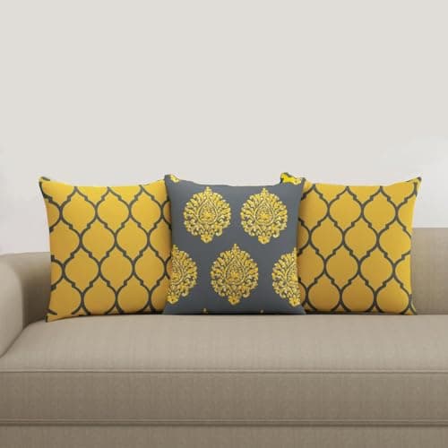 Trance Home Linen 100% Cotton Printed 18x18 inch Cushion Covers for Sofa and Diwan | Throw Pillow/Small Cushion Pillow Covers – (18x18 inch | 45cmx45cm, Dori & Damask Mustard Yellow)– Set of 3