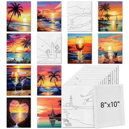 Tinlade 12 Pcs 79 x 98 Inch Pre Drawn Canvases for Painting Pre Stretched Canvas DIY Coloring Outline Painting Boards for Beginners Adults Sea Sunset
