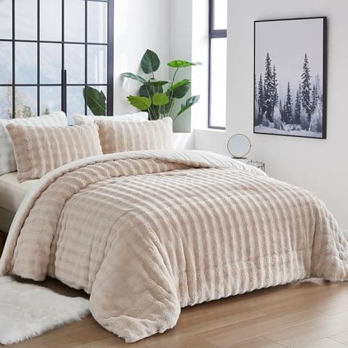 Bedbay Faux Fur Beige Bedding Comforter Set 3 Pieces Fuzzy Plush Comforter Set King Size Luxury Faux Rabbit Fur Bubble Bedding Soft Warm Shaggy Velvet Reversible Duvet Set for Girls Teen Adults