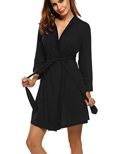 HOTOUCH Black Robes for Women Lightweight 3/4 Sleeve Robe Comfy Soft Bathrobe V Neck Sleepwear with Pockets Black XL