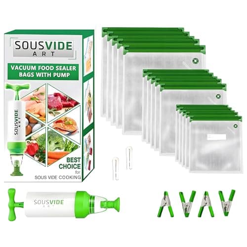 SOUSVIDE ART 37pcs Reusable Vacuum Seal Bags with Vacuum Sealer - 30 Cooking and Storage Bags of 3 Sizes with Pump and Sous Vide Cooker Accessories - Food Safe Kit, Keeps Food Fresh