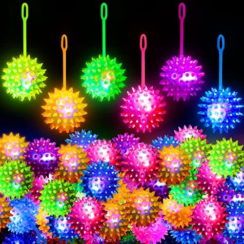 Leitee Bouncy Balls Party Favor for Kid Light up LED Ball Bulk Glow in The Dark LED Flashing Light Spiky Toy on Rope Sensory Stress Relief Fidget Toy Rubber for Teen Adult Student36 Pieces