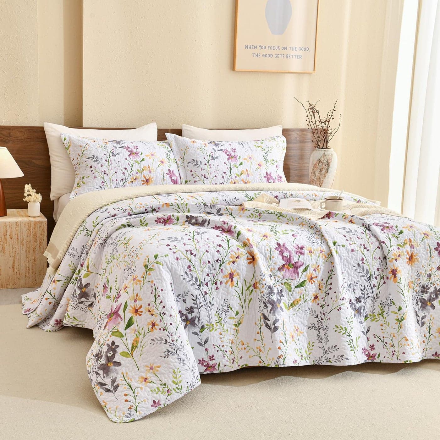 Sanracie 100 Cotton Quilt Queen Size90x98Floral Quilted Bedspreads Set3pcs Yellow Wild Flower Botanical Printed Pattern Quilt Bedding Coverlet Summer Soft Lightweight Aesthetic Bedding
