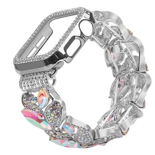 VIQIV Bling Dressy Bracelet with Case Compatible with Apple Watch Bands Series SE/SE2/6/5/4 44mm for Women Strethy, Cute Slim Metal Wristband Strap for iWatch Bands, 44mm Silver Color