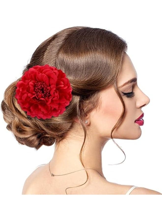 Flower Hair Clip, Red Peony Fascinator Hair Accessory, Large Artificial Flower Brooch Hairpin For Women, Vintage Rose Barrette For Party, Beach, Wedding(Red)