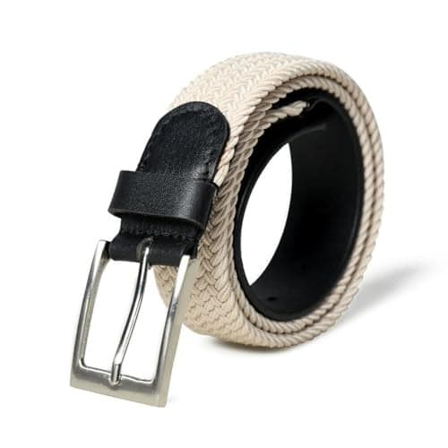 MaheTri Braided Canvas Stretchable Leather Belt, Premium Woven fabric Adjustable & Hole Free Belt for Men & Women (Black, Brown, Cream Black, Cream Brown) (Cream Black, 34"-36" Waist Adjustable)