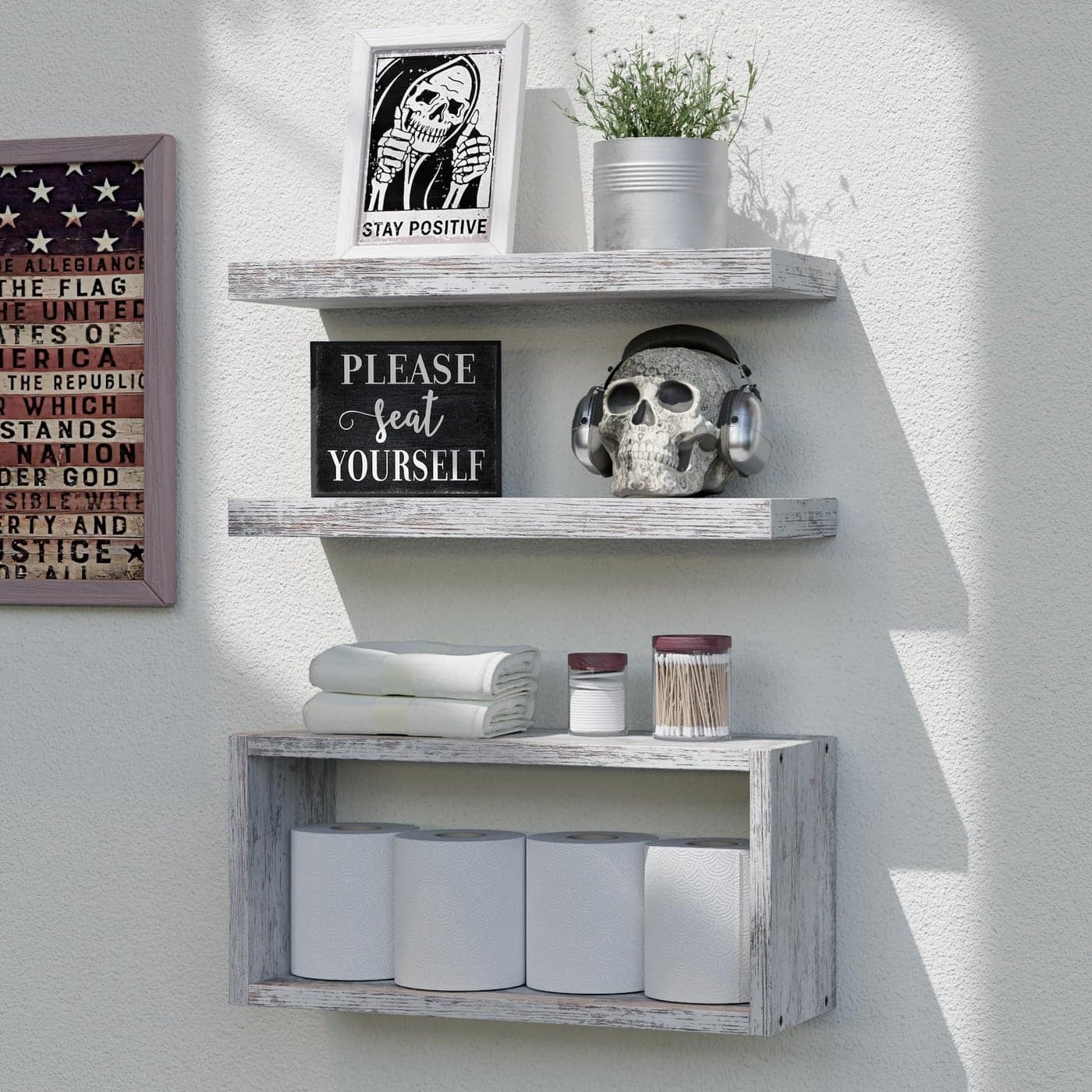 RICHER HOUSE Floating Shelves Set of 3 Farmhouse Wall Shelves with Invisible Brackets Over Toilet for Bathroom Bedroom Living Room Kitchen Rustic White