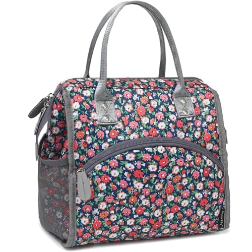 FlowFly Insulated Lunch Bag for Women, Men, Large and Reusable, Handle, Work and Travel Tote and Meal Prep Organizer, Floral