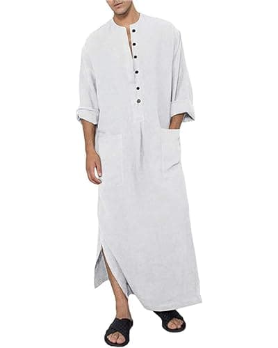 YAOHUOLE Men's Long Sleeve Casual Robe Side Split Long Gown Kaftan Thobe with Pockets White 3XL