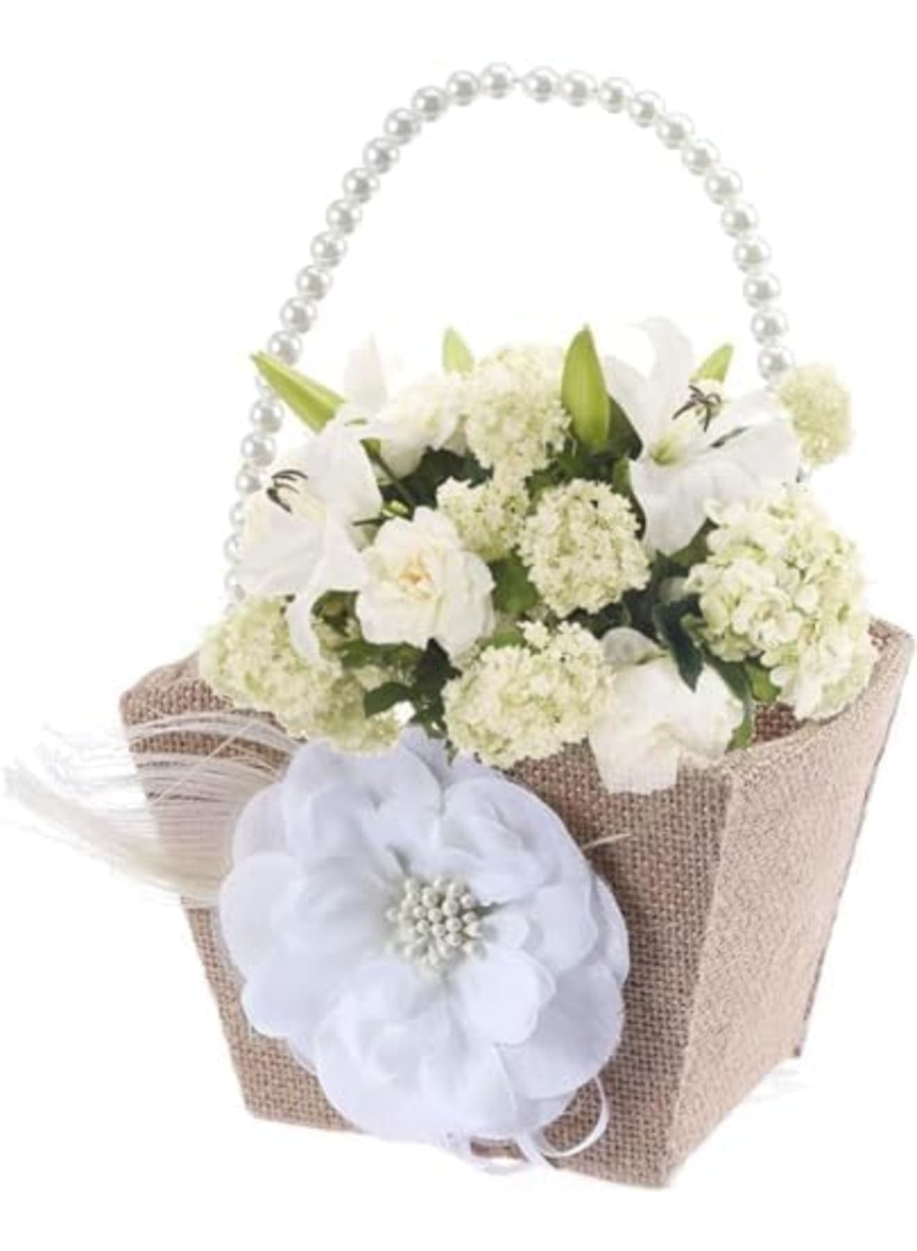 Flower Girl Baskets for Wedding, Handle Baskets with White Pearl Ribbon Flower, Simple Burlap Hamper Flower Basket, Wedding Baskets for Flower Girls, Wedding Ceremony Decoration Photo Props