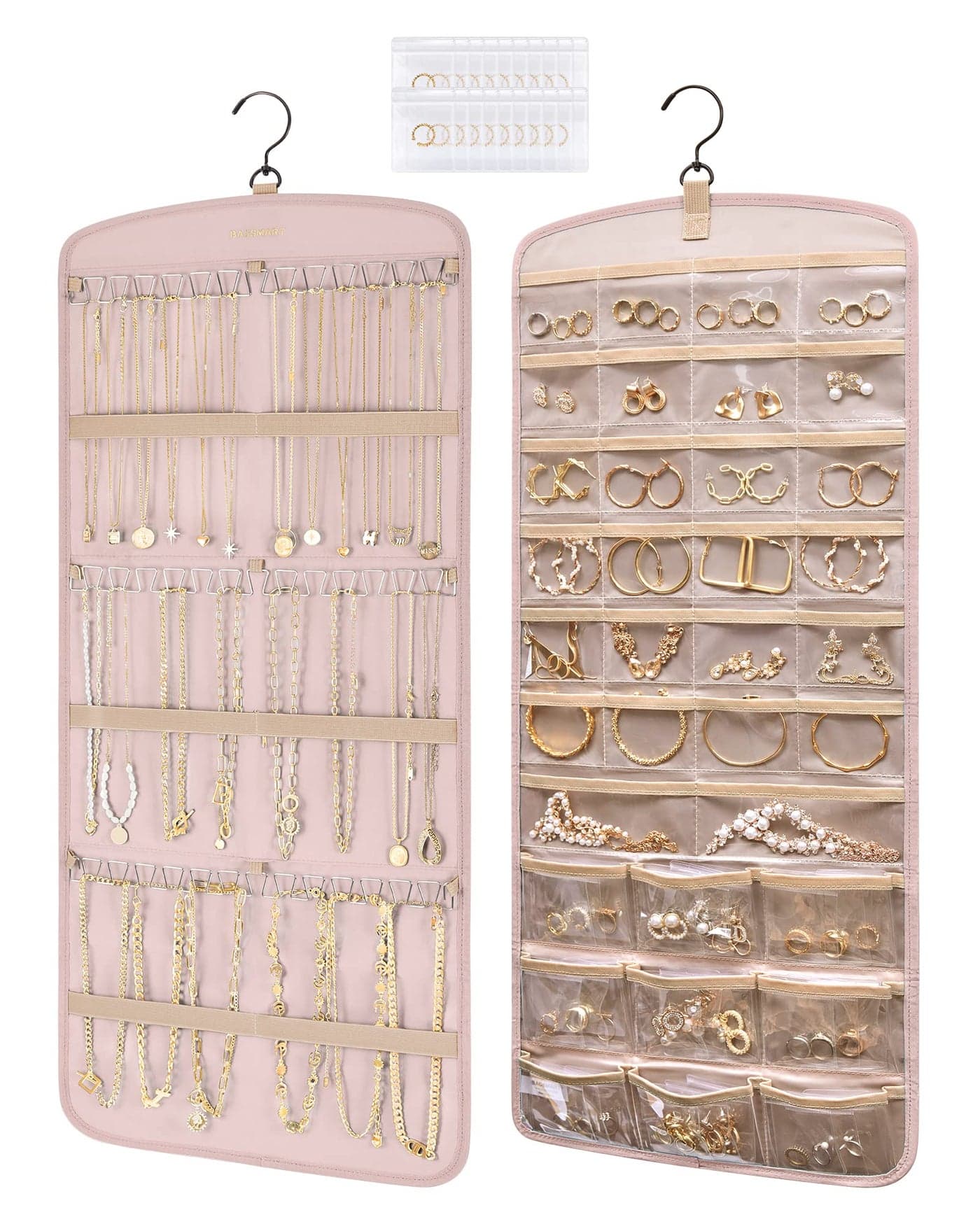 BAGSMART Hanging Jewelry Organizer Necklace Holder Antitangle Earrings Rings Hanger with 20 Jewelry Bags Travel Storage Roll with Pockets Hang on Closet Wall Door1 Piece Large Pink