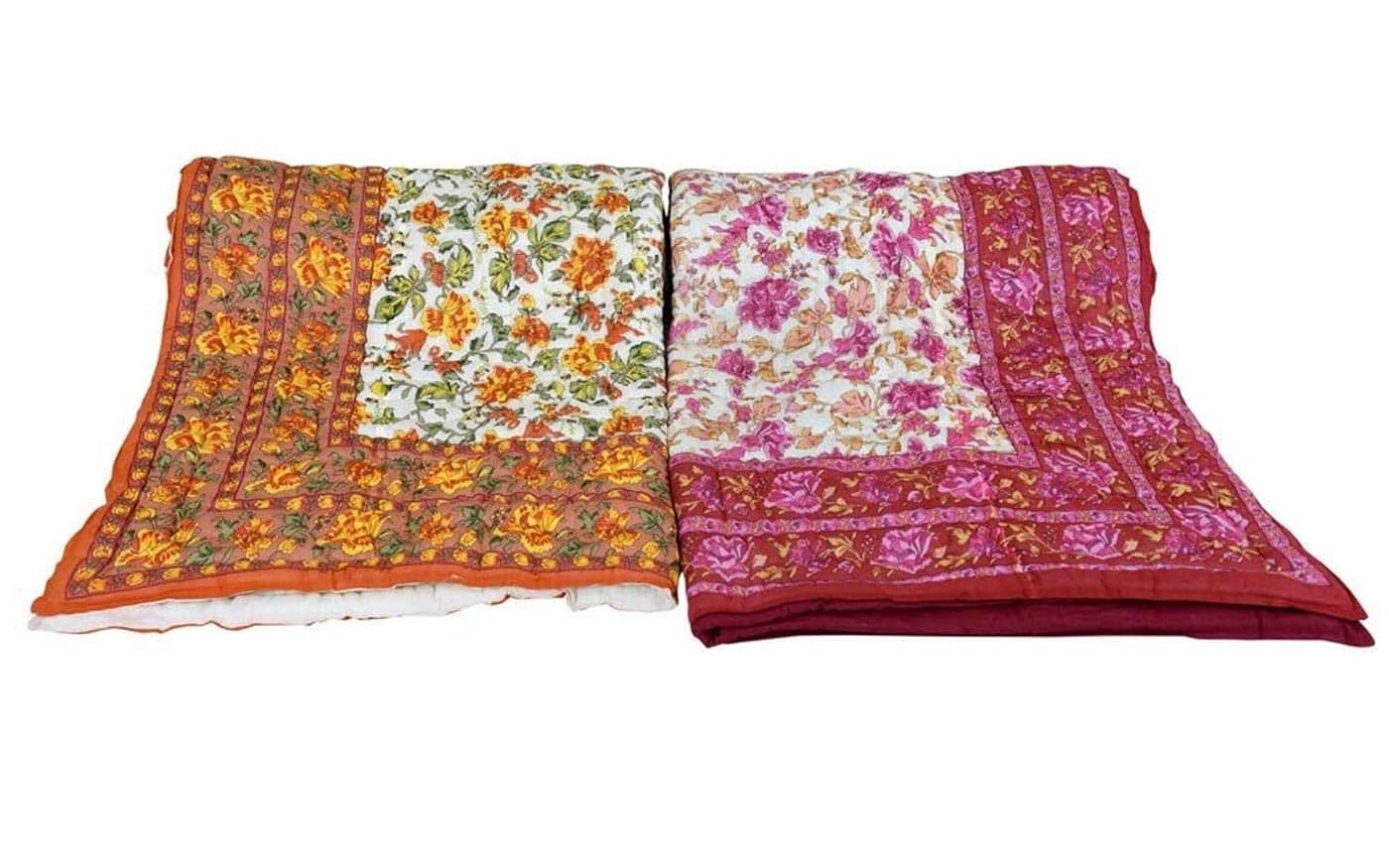 HOPEE Shop Jaipuri Razai Soft Light Weight Original Pure Cotton Winter and Summer Rajasthani Traditional Jaipuri Ac Quilt Single Bed Set of 2 Garden Flower Beige and Pink