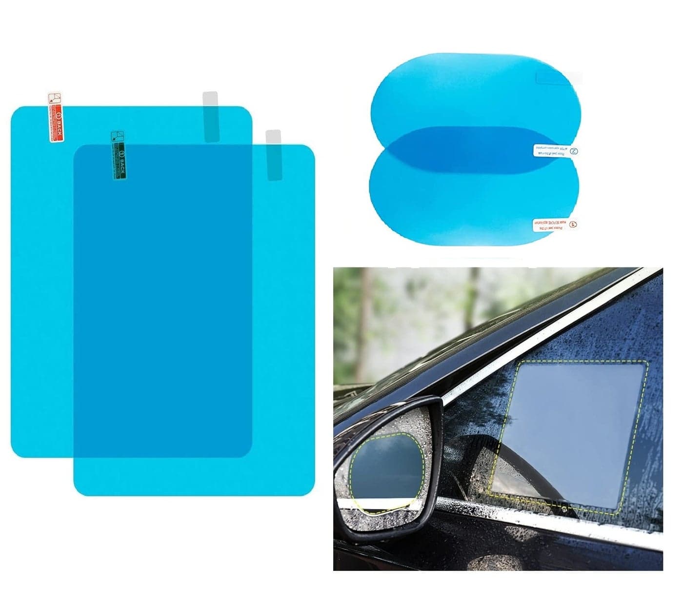 HSR Anti Fog Film Car Rear View Mirror Rain-Proof Anti Water Mist, HD Nano Film Anti-Glare,Anti-Scratch,Rainproof (2 PCs Oval + 2 PCs Square)