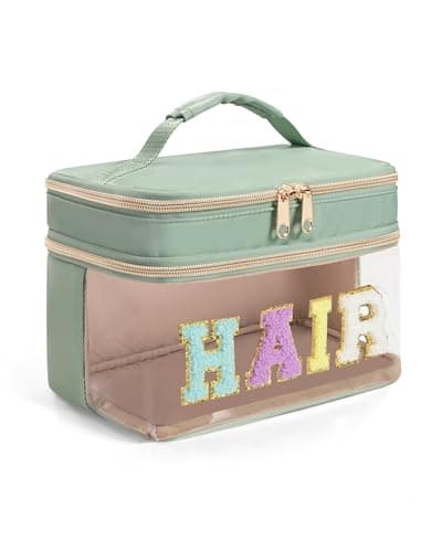 Fasrom Double Layer Hair Accessories Organizer Preppy Patch Makeup Bag with HAIR Chenille Letter Portable Travel Cosmetic Pouch Clear Toiletry Case for Women Girl GreenBag Only Patent Design