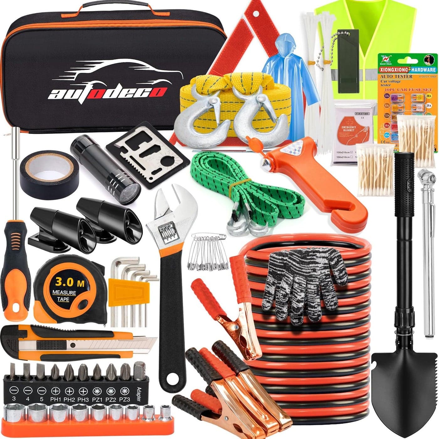 AUTODECO 82Pcs Car Roadside Emergency Kit with Jumper Cable Automotive Safety Kit with Shovel