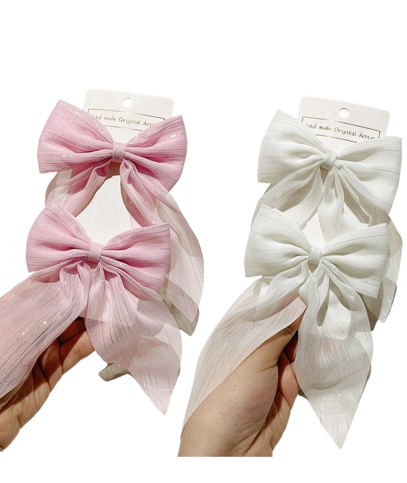 2Pcs Hair Bow Ties for Women, Mesh Hair Clips with Bows, White and Pink Hair Accessories for Girls, Perfect for Weddings, Parties and Daily Use