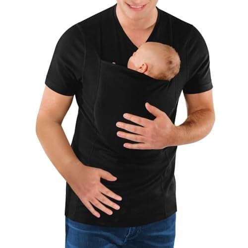 Mens Dad Shirts Baby Carrier Shirt Short Sleeve Skin to Skin New Dad Gifts TShirt with Pocket Black