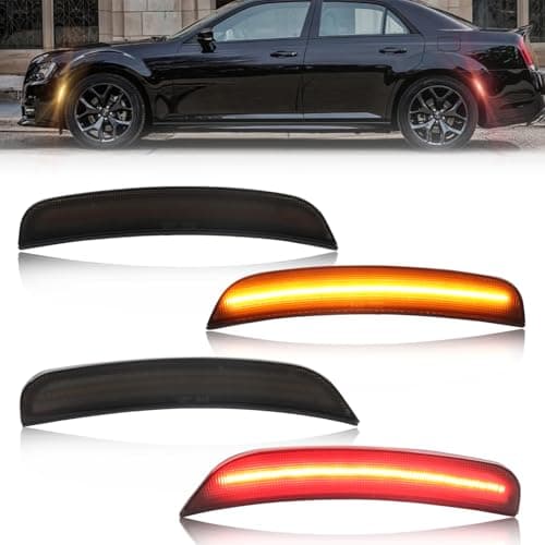 GSOWO 4 PCS LED Side Marker Lights for Chrysler 300 2015-2023, Full LED Front Amber & Rear Red Bumper Light, Smoked Lens Fender Side Marker Lamp