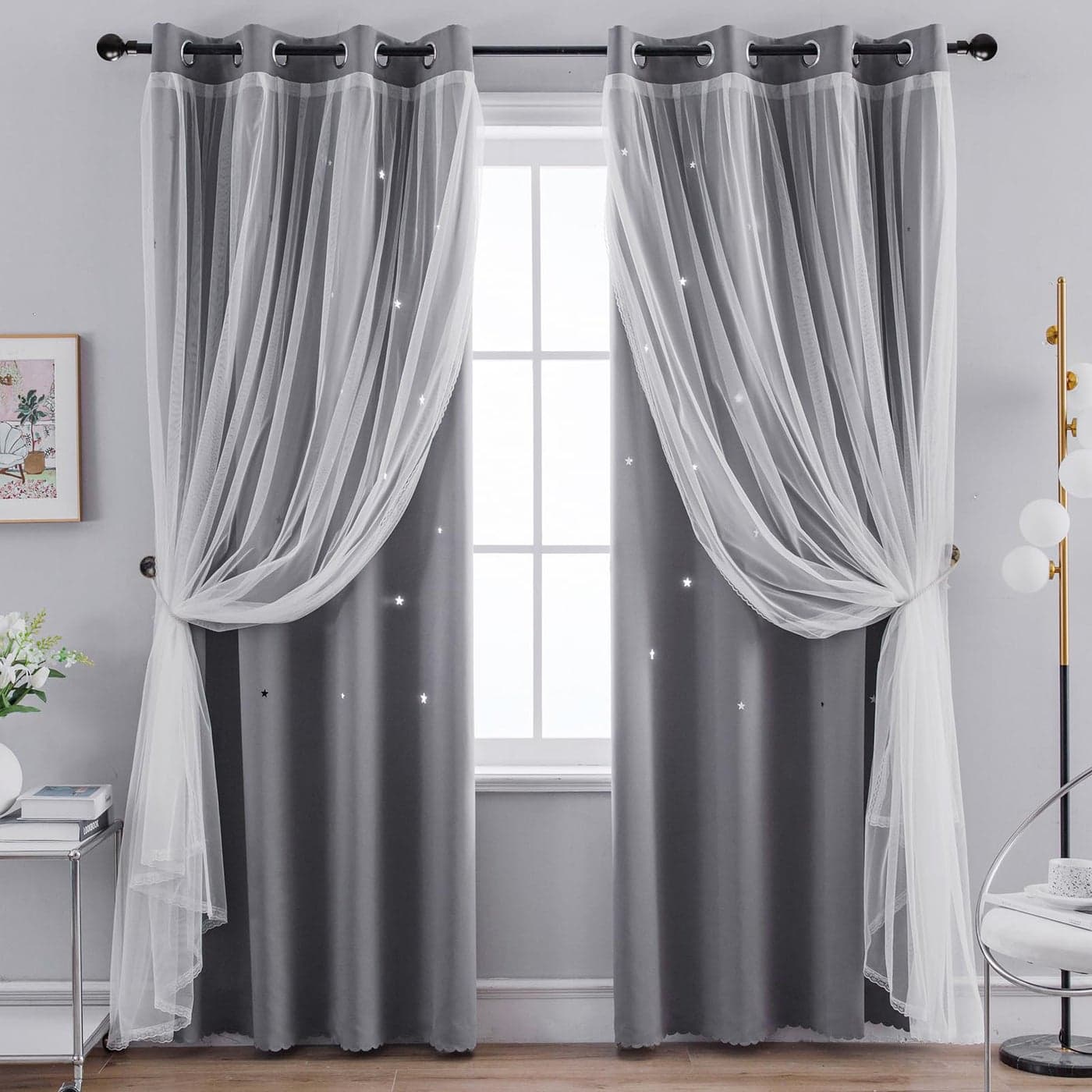 Anytime 2 Panels Star Blackout Curtains for Girls Kids Baby Bedroom Window Curtain Double Layer Star Cut Out Living Room Decor Wall Home Decorations CurtainW52 x L63Grey