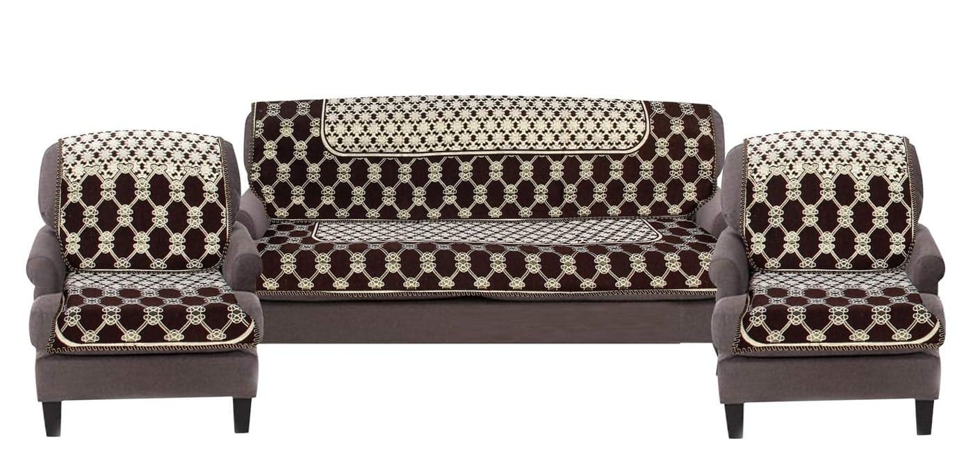 Nendle Cotton Abstract Design 5 Seater Sofa Cover for Living Room (Set of 6 Pieces, Brown, 69" x 27", 27" x 22" )