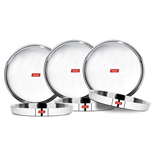 Sumeet 22 Gauge Stainless Steel Traditional Dinner Plates | 6 Pieces - 2.5 LTR Each | High Polish & Mirror Finish | Durable, Ideal for Serving, Lunch and Dinner | Dishwasher Safe