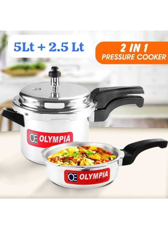 Main Pressure Cooker Capacity: 5 Liters.
Inner Cooking Pot Capacity: 2.5 Liters.
Total Set Capacity: 7.5 Liters (Combined).Liters Olympia Aluminium Pressure Cooker Set 5 Liter + 2.5 Liter 2 In 1 Heavy Duty Fast Cooking Kitchen Cooker Safety Lock Lid Gas Stove Compatible Silver silver