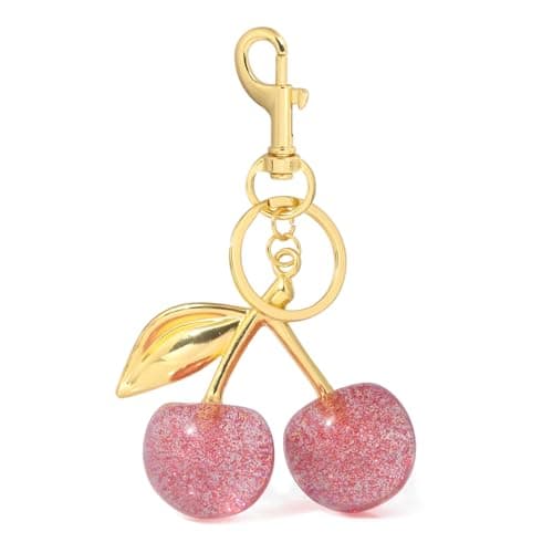 SORGERLY Pink Cherry Bag Charm Keychain - Gold Key Chain, Cute Purse Handbag Fruit Accessories - Beautiful Birthday Gift for Women (Pink)