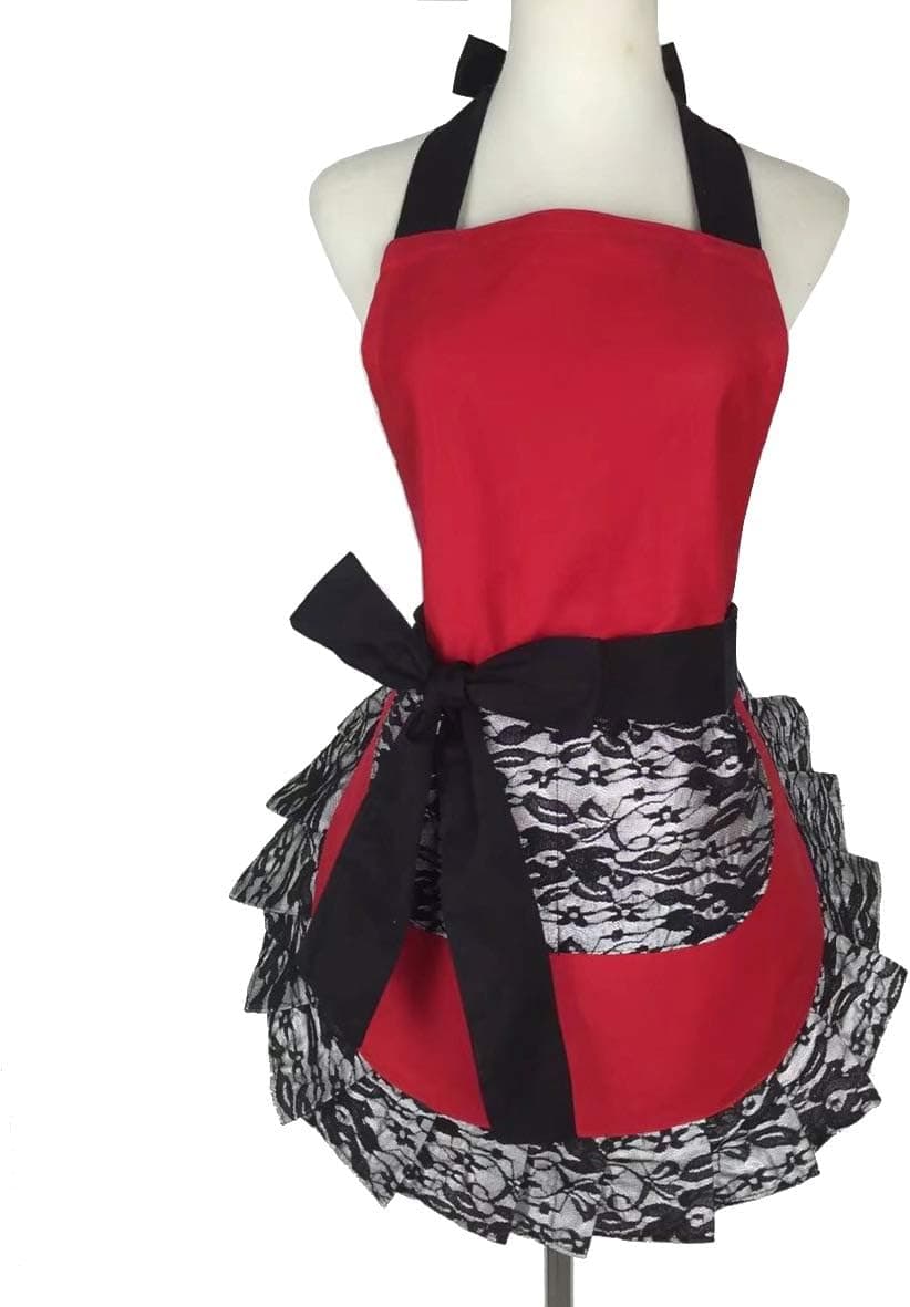 Hyzrz Cute Lace Flirty Apron with Pocket Fun Retro Sexy Cooking Pinup Aprons for Women Girls Red