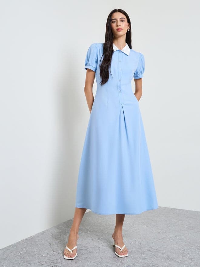 Styli Blue A-Line Midi Dress with Puff Sleeves