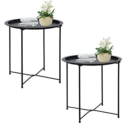 Garden 4 you End Table 2 PCS Metal Side Table Black Round Folding Tray Cyan Sofa Small Accent Foldable Table Round End Table Tray Next to Sofa Table Snack Table for Living Room and Bed Room