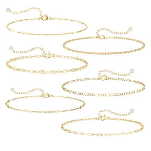 Freekiss Gold Stack Bracelets for Women: Dainty Thin Chain Bracelet Set Trendy 14K Gold Plated Paperclip Bracelets for Women Adjustable Figaro Rope Lip Box Link Bracelets Gold Womens Jewelry
