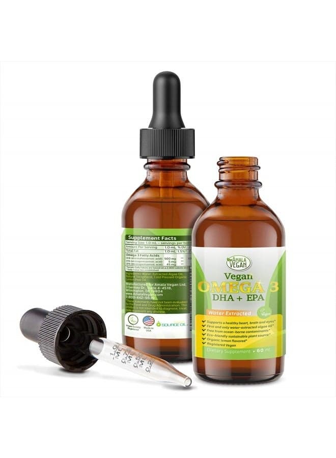 Potent & Organic Vegan Omega 3 Liquid Supplement: Better Than Fish Oil! Plant Based Water Extracted Algae Oil- DHA EPA DPA Fatty Acids- Non GMO- Supports Immune, Heart, Brain & Joint Health-60 Doses