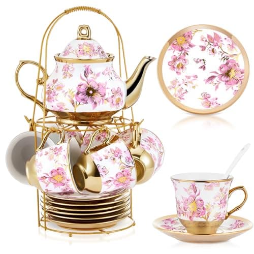 Zhehao 20 Pcs Porcelain Tea Set with Metal Holder and Spoon Adult Ceramic Tea Set European Flower Painting Teapot Cup Saucer Spoon for Women Mom Gift, Large Version (Purple Style)