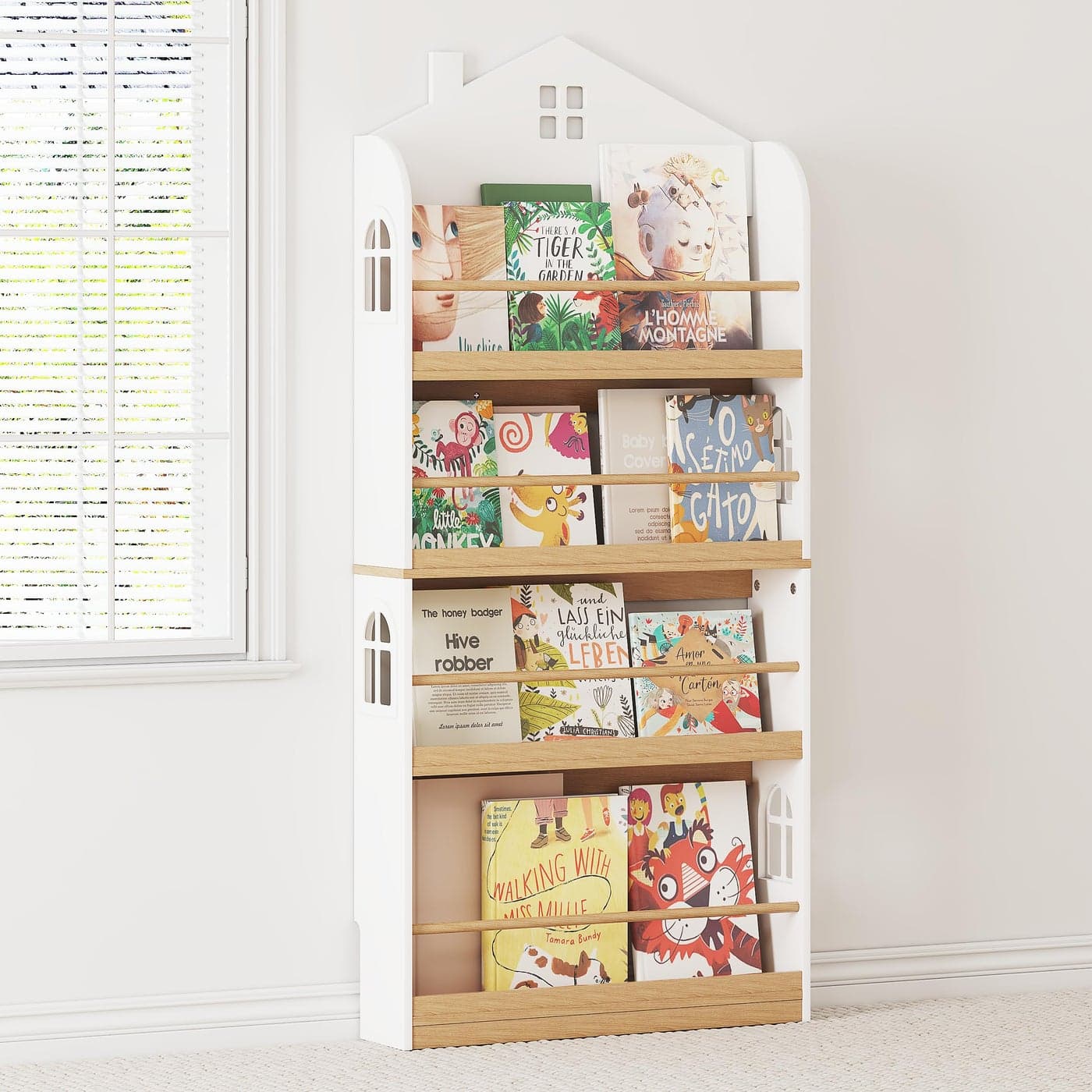 UTEX Kids Bookshelf Wall Mounted 4Tier Book Shelf Organizer Tall Wooden Childrens Bookcase Storage Book Rack for Kids Room Nursery Bedroom Living Room White