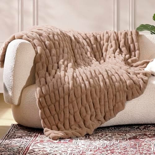 blunique Ultra Soft Cozy Faux Fur Throw Blanket, Fuzzy Plush Thick Bubble Blanket, Oversize Luxury Fluffy Blanket for Couch, Sofa, Bedroom, and Living Room,50x60 Inches,Double Sided Light Brown