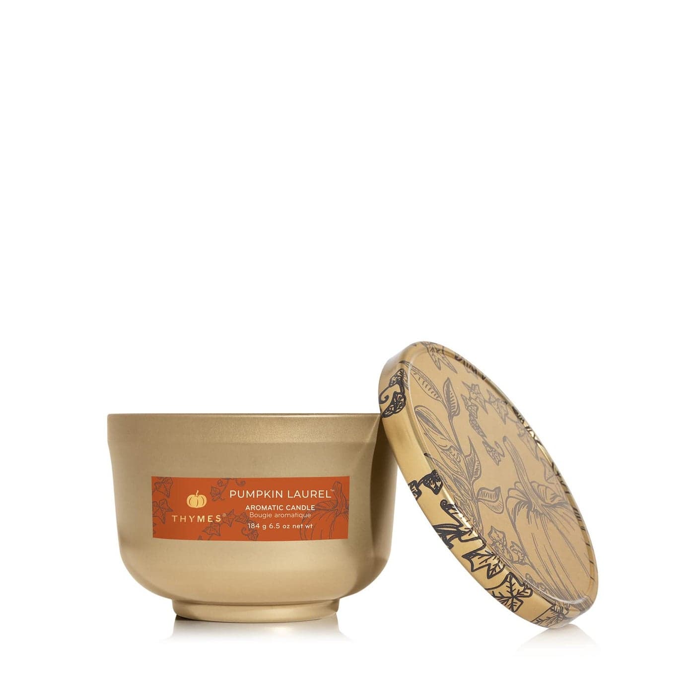 Thymes Scented Candles for Women Men Tin with Lid Luxury Home Decor Pumpkin Candles with Notes of Nutmeg Cinnamon Clove Orange Peel Fall Decor Pumpkin Laurel 65 oz