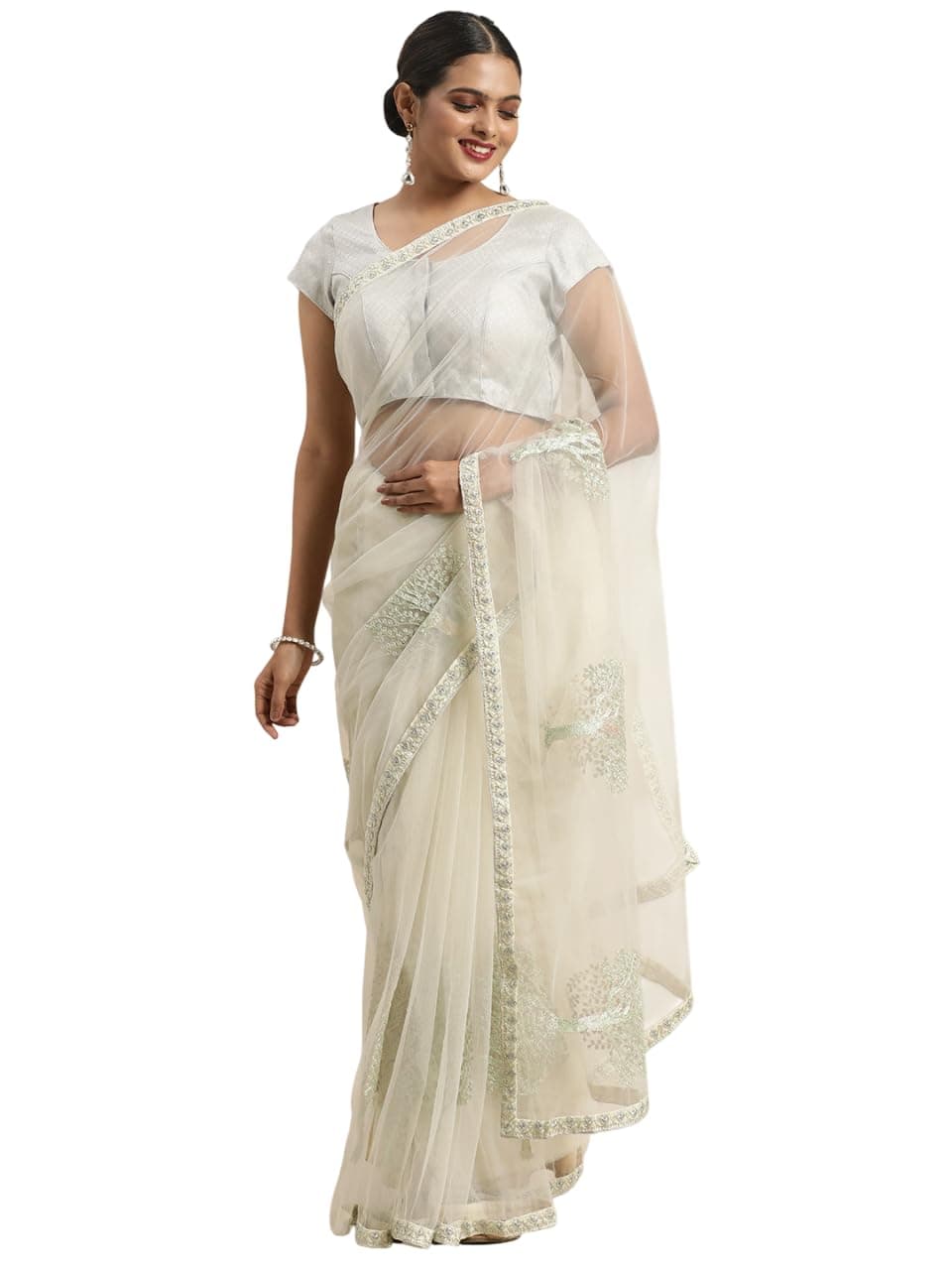 Semizoxis Women's Pure Fancy Soft net Embroidery Saree Rich Pallu Design Lace Zari Work Trendy Special Occassion Wear With Unstitched Blouse Piece (Pista Green)