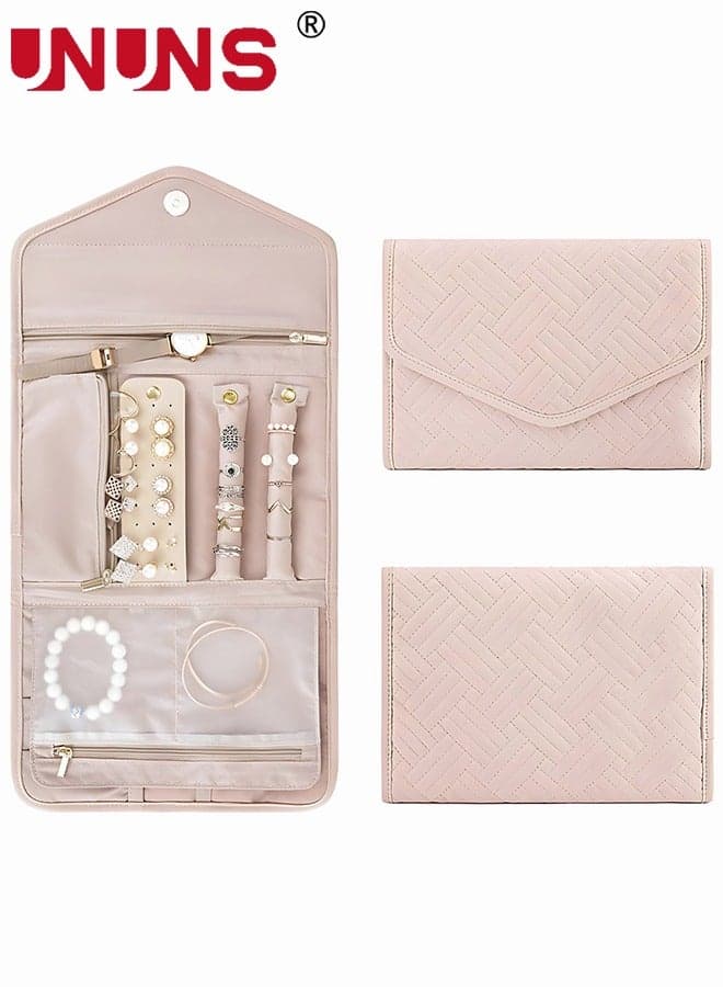 Travel Hanging Jewelry Organizer,Foldable Jewelry Roll With Hanger For Rings,Necklaces,Earrings,Large capacity Partition Jewelry Organizers,Soft Pink