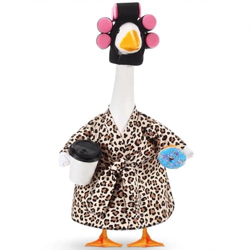 Shyyween Lady Porch Goose Outfit for 23 Cement Plastic Statue Leopard Print Bathrobe Goose Clothes with Curlers Coffee Cup for Outdoor Garden Yard Lawn Decoration