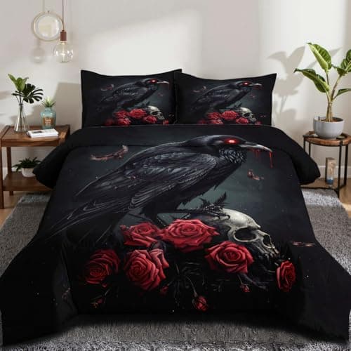 CCoutueChen Black Crow Red Rose Skull Comforter Set Queen Size Halloween Gothic Roses Skeleton Bedding Set Holiday Decoration Bedding Black Floral Bird Down Comforters Soft Microfiber Comforter Sets