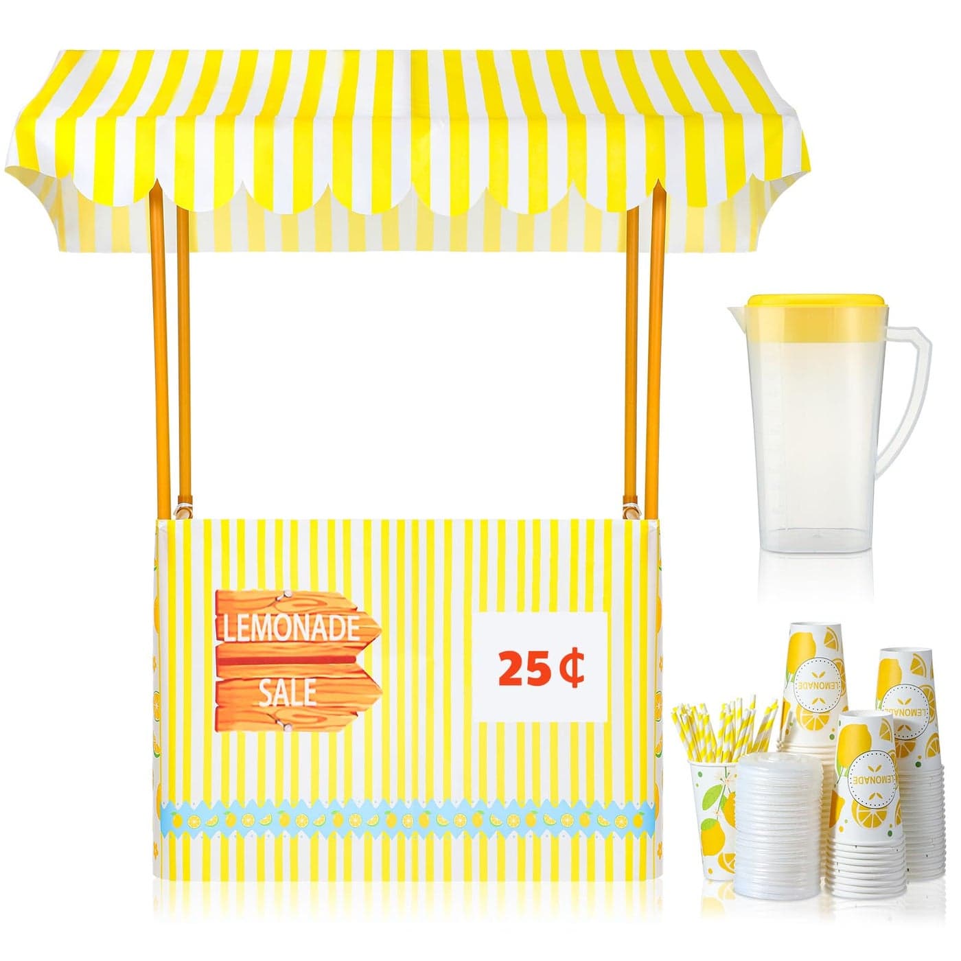 Jingmore 53 Sets Lemonade Stand Supplies Kit Include 47 x 51 Lemonade Stand Table Cover and 50 Pcs Disposable Cups Lids Straws Pitcher for Community charity Activities Party Stand IncludedLovely