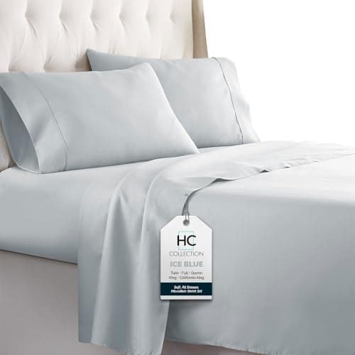 HC COLLECTION Bed Sheets Full Size Set, Hotel Luxury Platinum 1800 Series Brushed Microfiber Sheet w/Pillow Cases, Ultra Soft Lightweight 4 Pcs Bedding for Hot Sleepers Men Women Teens, Ice Blue