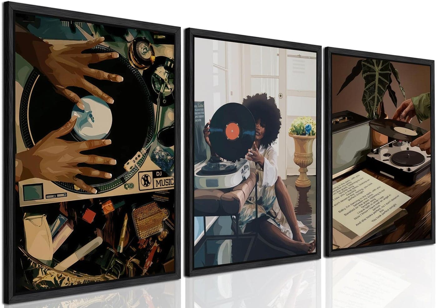 Black Girl Wall Art Decor Modern Black Woman Painting Prints, Set of 3 African American Music Record Player Poster Canvas Artwork for Bedroom Living Room 12x16 inch PS Framed