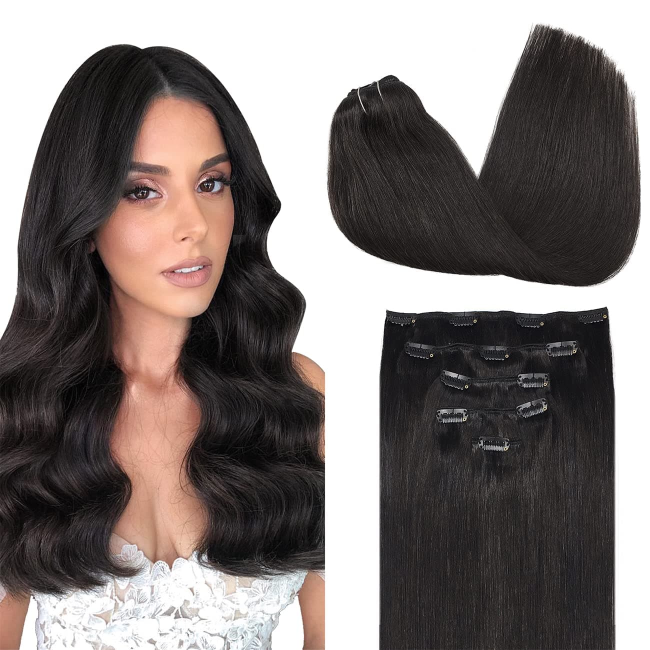 DOORES Hair Extensions Clip in 5pcs 75g 16 Inch Natural Black Clip in Human Hair Extensions Real Natural Hair Extensions Straight