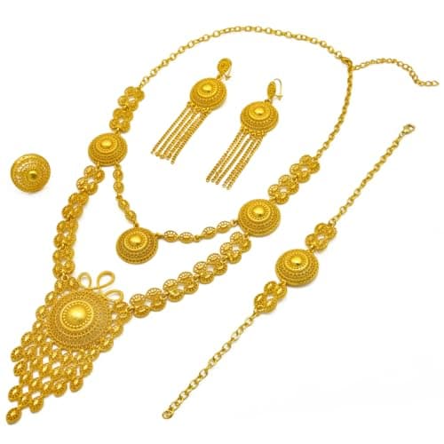 Ethiopian Tassel 24k Gold Plated Jewelry Sets For Women Arabic Wedding Indian Bridal Dubai Necklace Earrings Bracelet Ring Set for Lady Wife Mother (S-399)