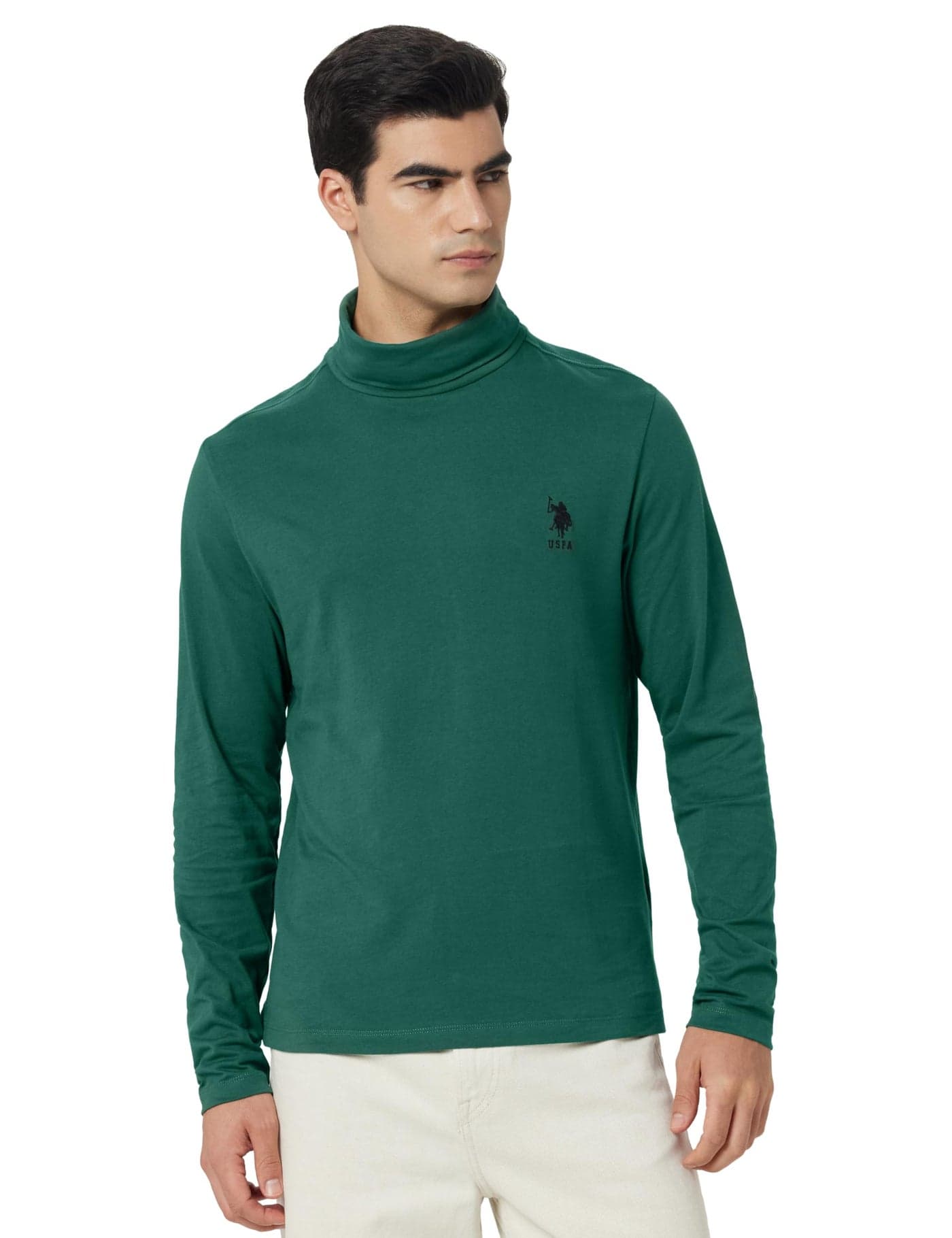 U.S. POLO ASSN. Denim Co. Mens Green Solid Full Sleeve Cotton Fitted T-Shirt (UDTSHOE0060_Green_)