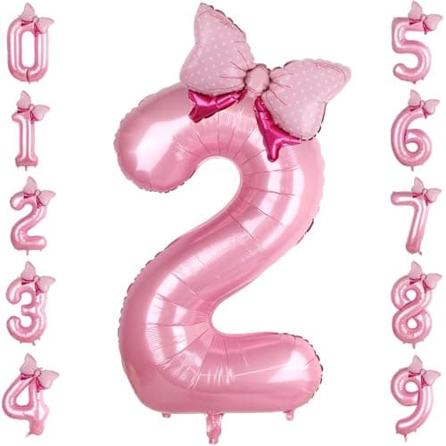 LEBERY Pink Bow Balloons 40 Inch Pink Number 2 Balloon Jumbo Number 2 Birthday Balloons for Girls Mini Bowtie Foil Balloon for Princess Cowgirl Mouse Themed 2nd Birthday Baby Shower Decorations