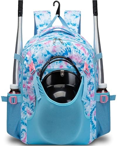 FOKDUVB Baseball Softball Backpack for Kids Boys Girls 68 812 1214 Large Youth Bat Bag for Gear Storage Baseball Softball Tball Equipment Back Pack with Separate Shoe Bag BluePink TieDye