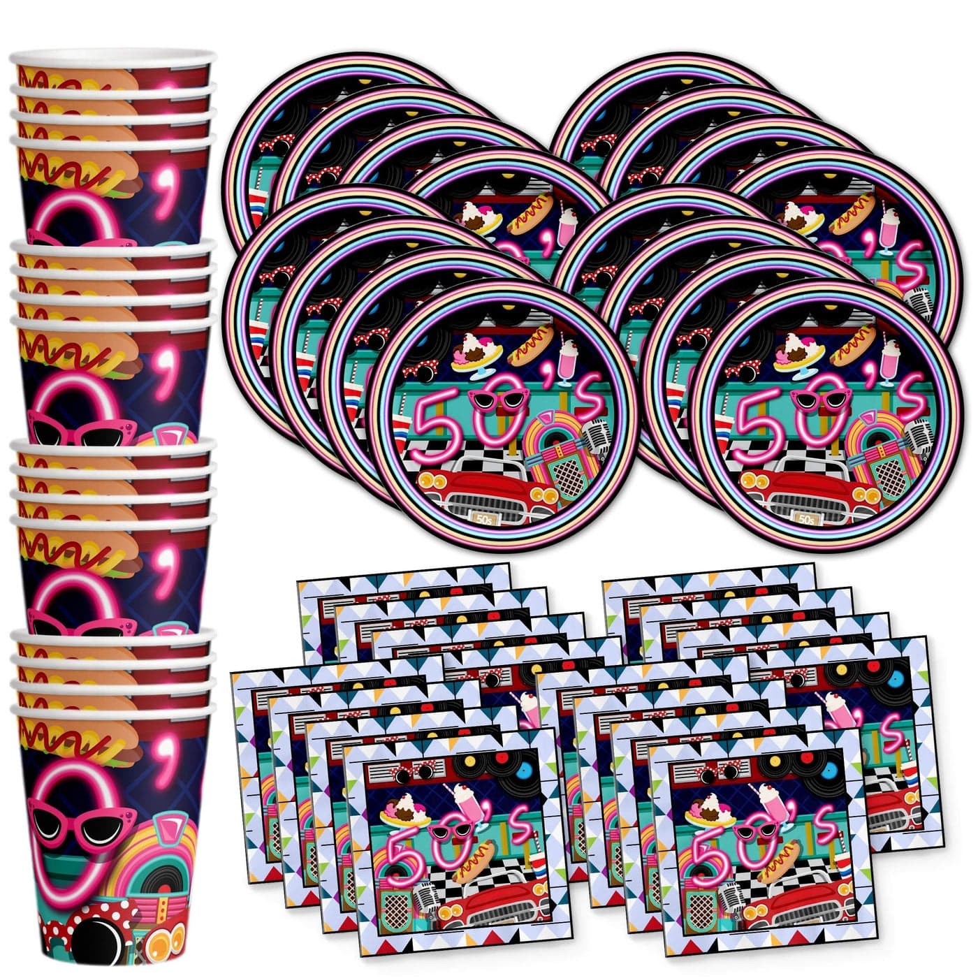 50s Diner Birthday Party Supplies Set Plates Napkins Cups Tableware Kit for 16